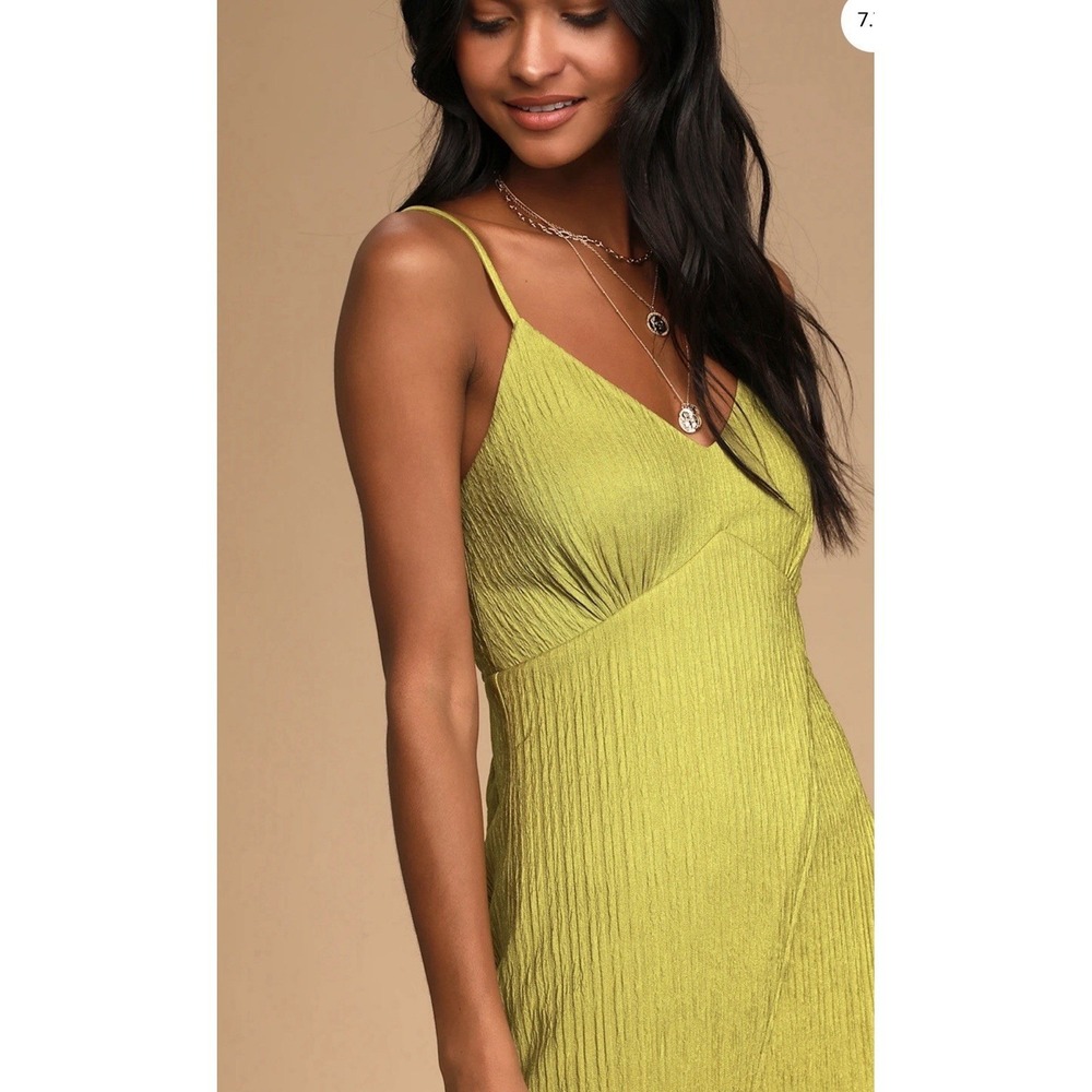 Lulu Chartreuse Green Faux Wrap Midi Dress Tie Back Size Medium D14100 - Picture 6 of 16
